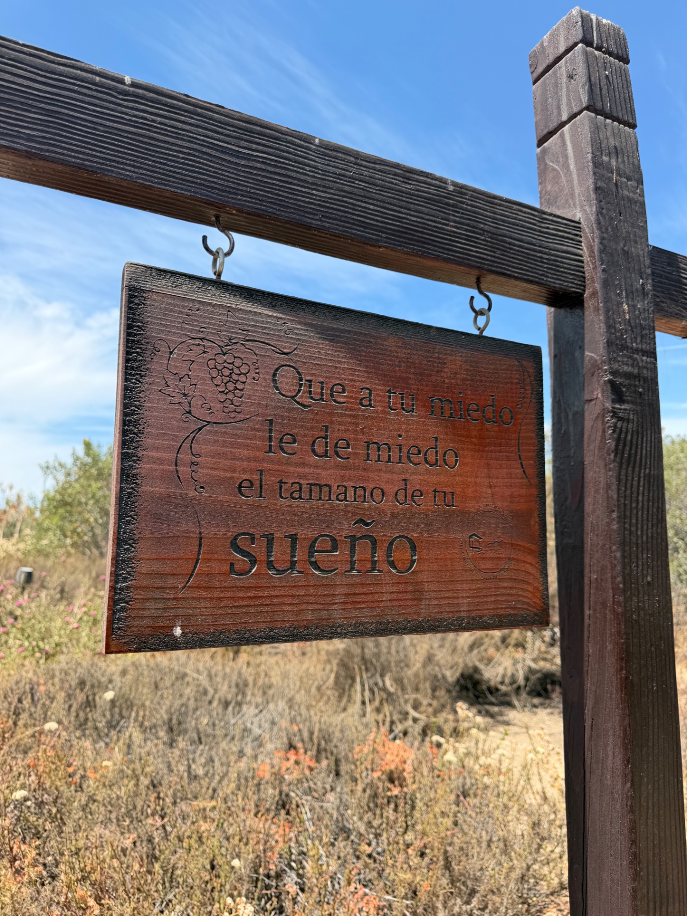 Wooden sign: 'Let the size of your dream frighten your fear.'