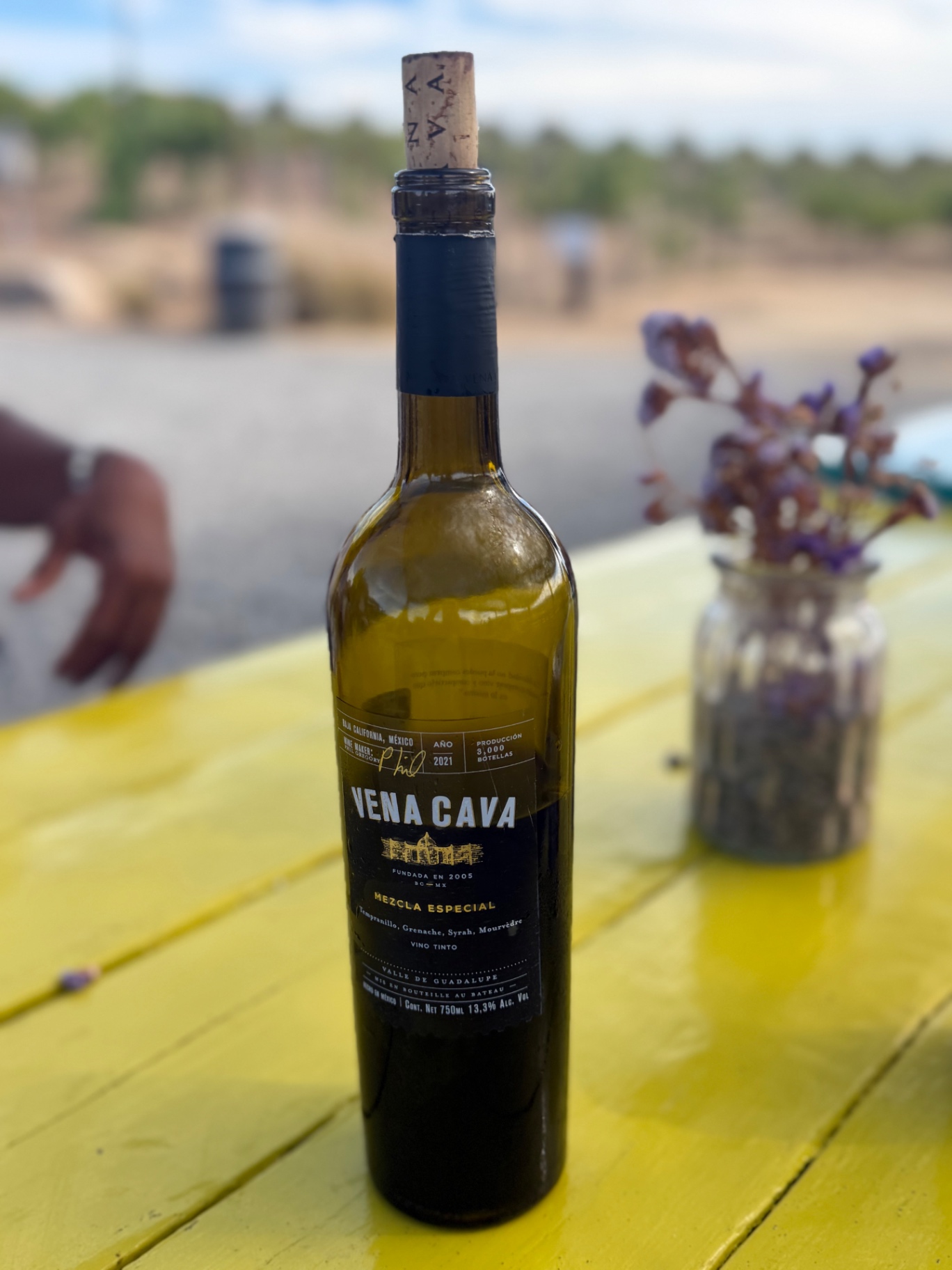 Vena Cava Mezcla Especial 2021 bottle on a yellow table.